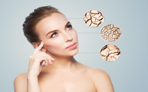 people, dehydration, skincare and beauty concept - face of beautiful woman with damaged dry skin samples